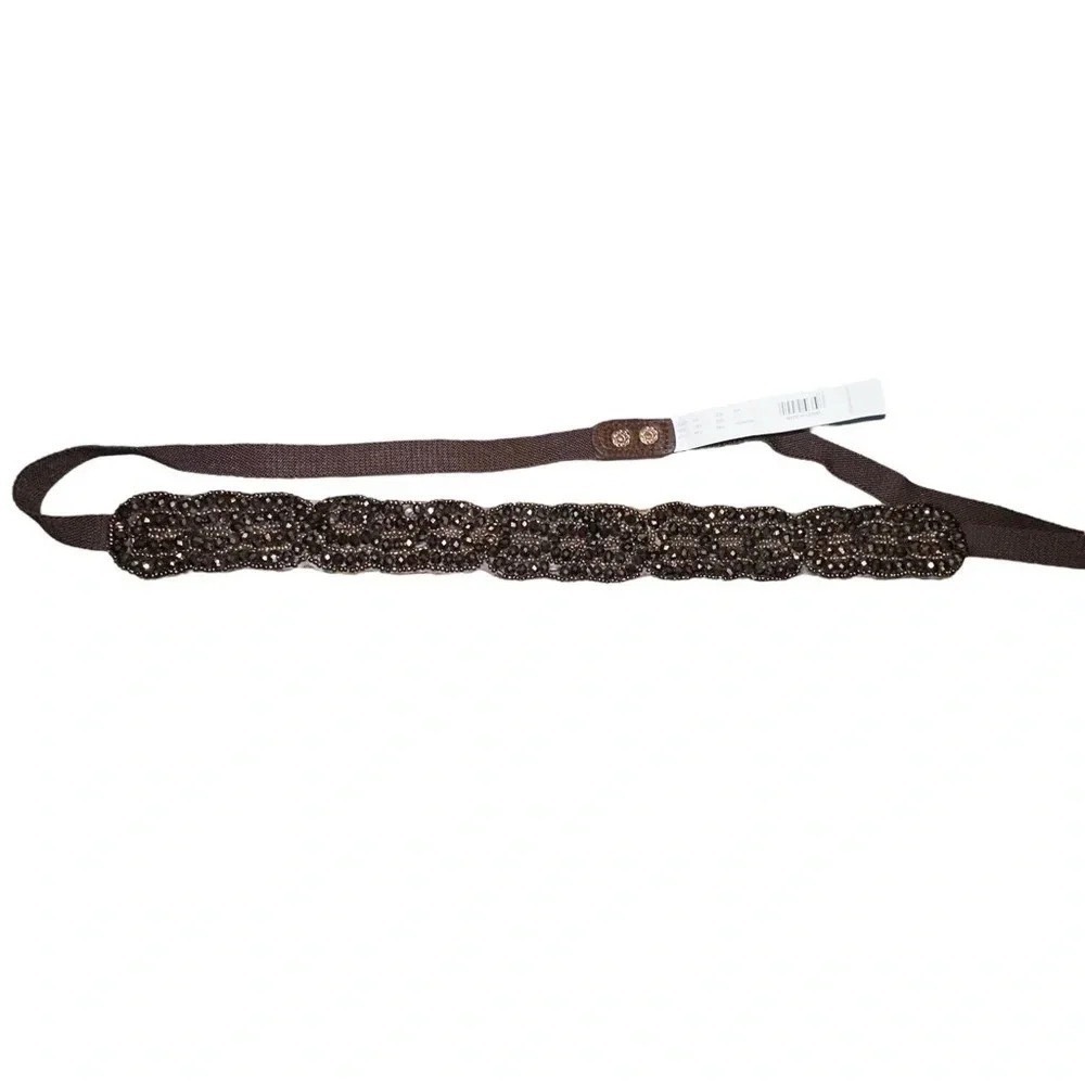 The Limited Beaded Elastic Belt L Brown Glass‎ Bead Cinch Snap Closure 8017